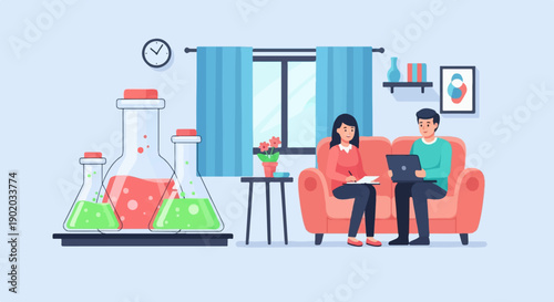 Couple collaborating on science projects at home