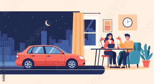 Wallpaper Mural Couple working from home with cityscape and car outside at night Torontodigital.ca