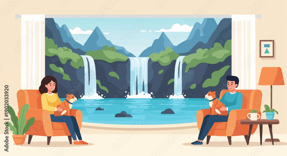 custom made wallpaper toronto digitalCouple with dogs relaxing indoors, viewing scenic waterfall through window