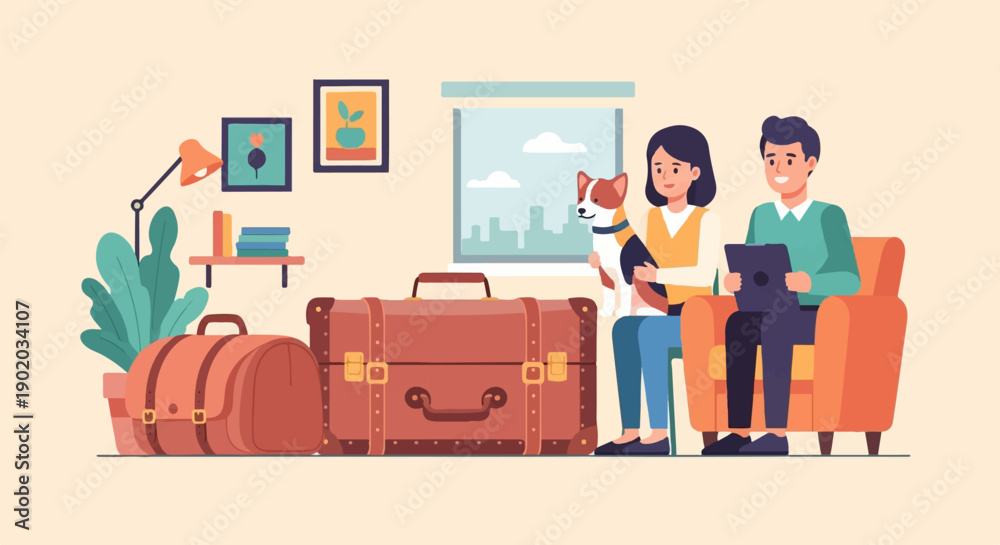 custom made wallpaper toronto digitalCouple with dog and luggage ready for travel, sitting indoors