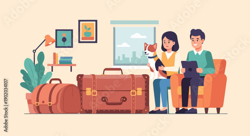Wallpaper Mural Couple with dog and luggage ready for travel, sitting indoors Torontodigital.ca