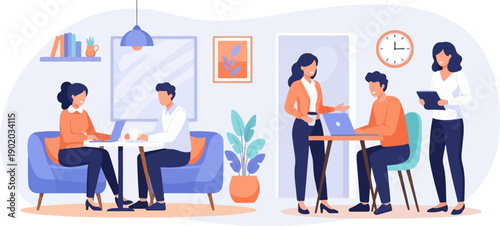 Colleagues collaborate in a modern office space with laptops and coffee cups