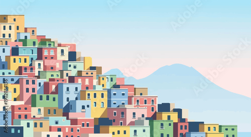 Colorful homes cascade down a hillside, with a hazy mountain in the distance