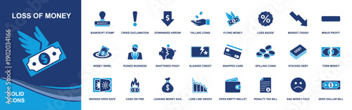 Loss of money icon set. Containing bankruptcy, debt, market crash, minus profit, broken credit card, leaking bag, empty wallet, tax penalty, and more. Solid fill vector icons collection