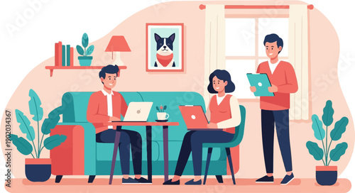 Colleagues collaborating on laptops in a cozy home office setting