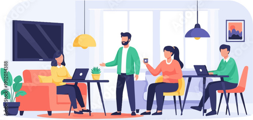 Colleagues collaborating on laptops in a modern, casual office space with plants