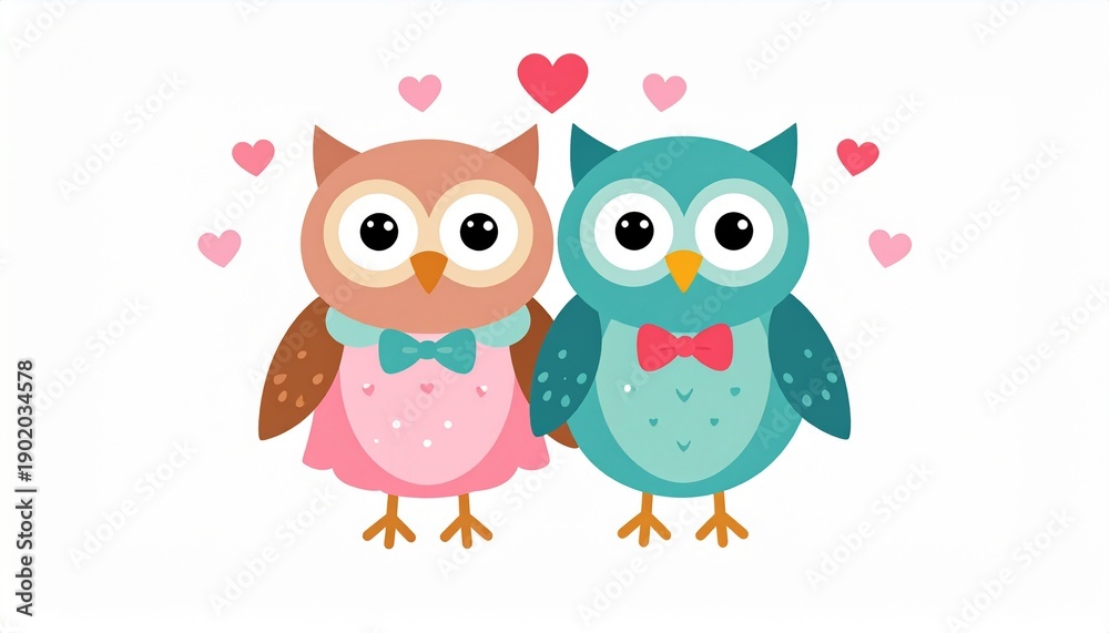 Fototapeta premium Charming Illustration of Two Adorable Owls Surrounded by Floating Hearts, Perfect for Valentines Day.