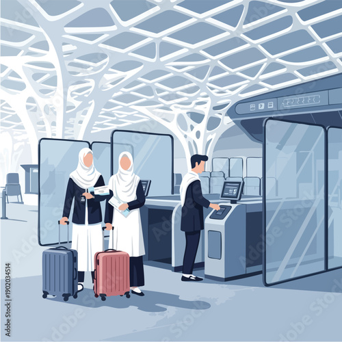 Two women in hijabs with luggage at an airport checkin.
