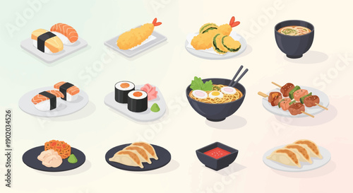 Collection of delicious Asian cuisine dishes, presented in isometric style