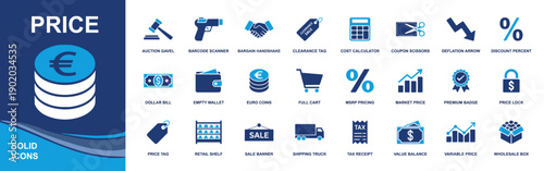 Price icon set. Containing price tag, discount, coupon, barcode scanner, calculator, sale banner, market price chart, tax receipt, price lock and more. Solid fill vector icons collection