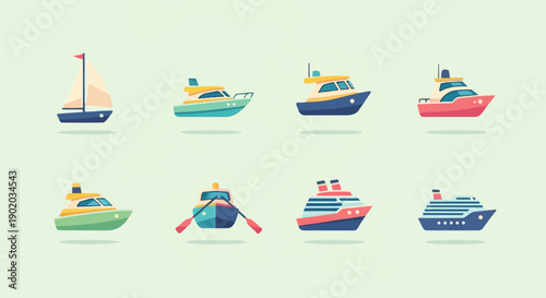 Collection of eight different illustrated watercraft on a light green background