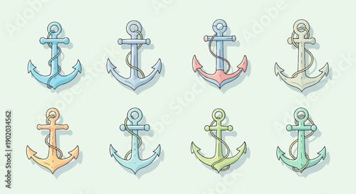 Collection of eight pastel-colored anchors with rope detail