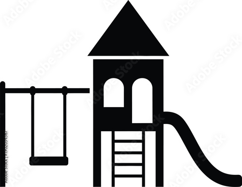 Children playground house with pitched roof, ladder, slide, and a swing set in the park silhouette. 