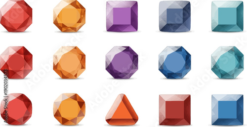 Collection of faceted colorful gemstones in geometric shapes