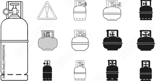 Collection of stylized gas cylinder icons and a warning symbol
