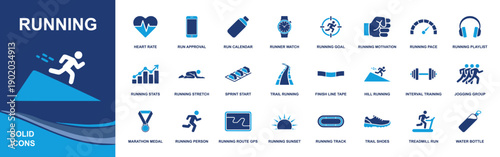 Running icon set. Containing heart rate, runner watch, pace, sprint start, trail route GPS, interval training, marathon medal, treadmill, shoes, water bottle and more. Solid fill vector icons collecti