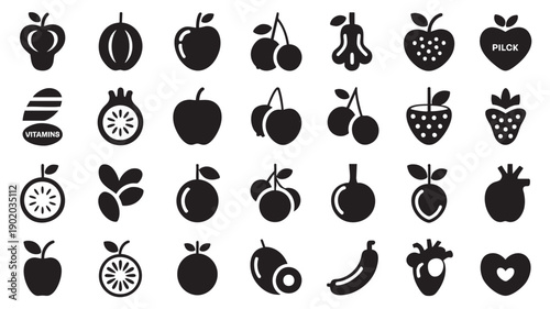 Black Fruit Icons on White Background