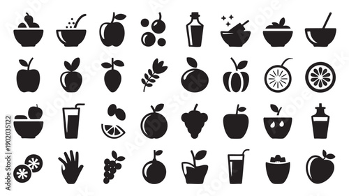 Black Icons of Various Fruits and Fruit Juices on White Background