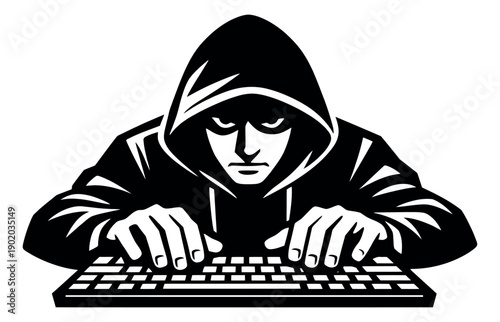 Graphic illustration of a hooded hacker depicting anonymous typing for cybersecurity concepts