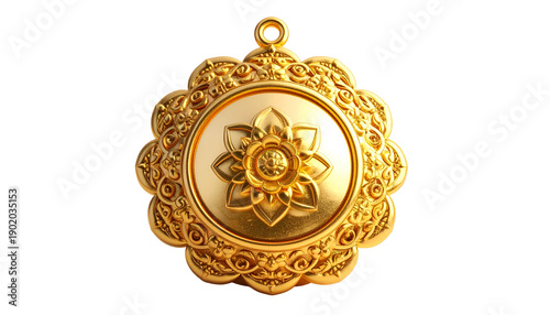 Golden, ornate medallion with a floral center and intricate, circular filigree design