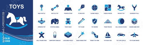 Toys icon set. Containing rocking horse, baby rattle, spinning top, teddy bear, kite, puzzle pieces, dice, toy plane, robot arm, magic wand and more. Solid fill vector icons collection