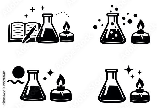 Line art chemistry experiment set featuring conical flasks, alcohol lamps, and discovery symbols for education