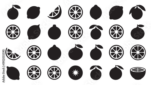 Black Fruit Icons on White Background