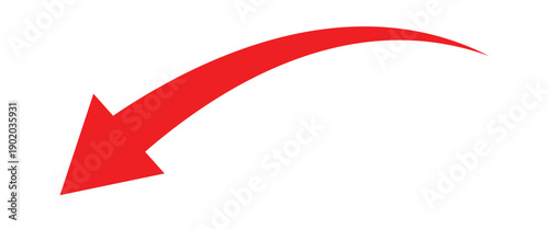 Red curved arrow pointing leftward down side isolated on white background.