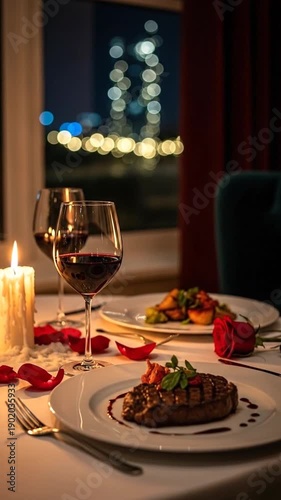 Romantic Dinner Table Setting with Steak Wine Candle and City Lights