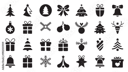 Black Christmas Icons on White Background