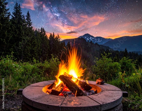 Wallpaper Mural Campfire Under the Stars - A Serene Night in the Wilderness with Mountain Views. Torontodigital.ca