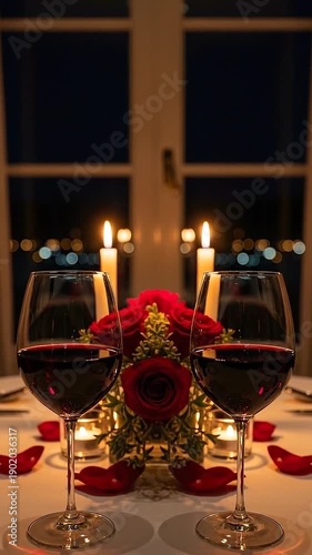 Romantic Dinner Setting with Wine Glasses and Roses Outdoors