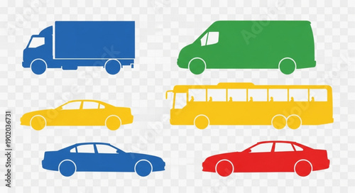 Collection of colorful vehicle icons on transparent background.