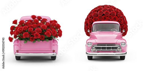 Front and rear views of a pink car delivering red roses, against a white background. Concept for flower delivery for Valentine's Day, Mother's Day, weddings, anniversaries, and holidays.