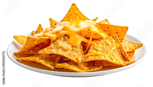 A plate of tortilla chips, generously topped with melted, vibrant yellow cheese