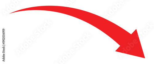 Long red curve arrow indicating rightward down side. Red curve arrow isolated on white background.