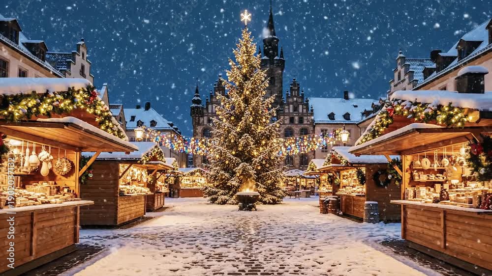 custom made wallpaper toronto digitalChristmas Market Scene - Festive Holiday Atmosphere with Snowfall and Decorations.