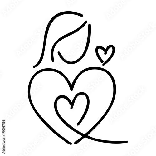 Dibujo con líneas de cabeza de mujer de perfil con corazones para tarjetas y felicitaciones de San Valentín 