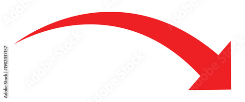 Red curve arrow pointing downside. Arrow pointer icon sign symbol vector. Curve arrow isolated on white background.