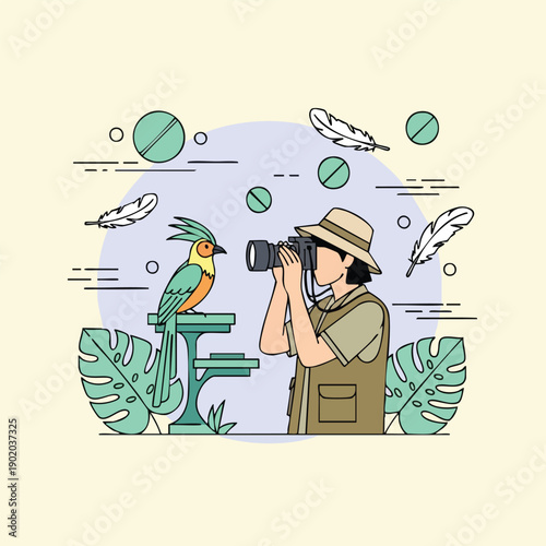 Wildlife photographer capturing a vibrant parrot in its natural habitat.