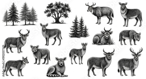 Collection of Deer and Forest Elements Vintage Illustration.