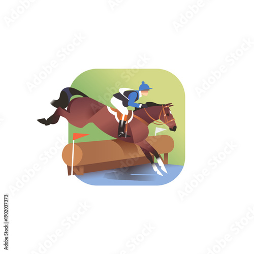 Bay horse with athlete jumping through the ditch with water obstacle, equestrian vector icon, eventing cross country scene
