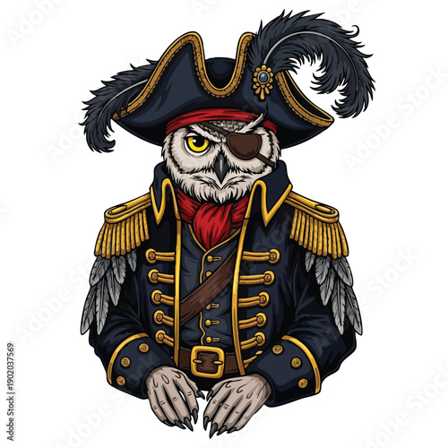 Wise Owl Pirate Captain in Ornate Uniform with Eye Patch and Feathered Hat.