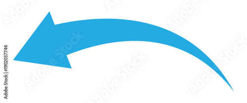 Blue long arrow pointing leftward down side. curve arrow icon flat style. Isolated blue curved arrowhead on white page. EPS 10. 