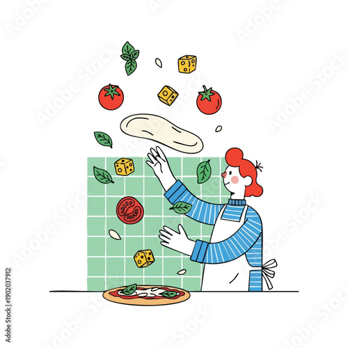 Woman Chef Tossing Pizza Dough with Ingredients in Air.