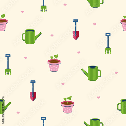 Seamless pattern with watering can, flower pot and shovel on beige background. Seasonal hand drawn card, poster, web banner. Vector illustration.