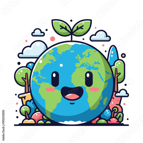 Cute cartoon illustration of a green Earth with happy birds and colorful nature animals