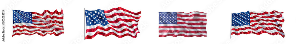 Fototapeta premium Collection of Waving American Flags Isolated on White Background isolated on transparent background