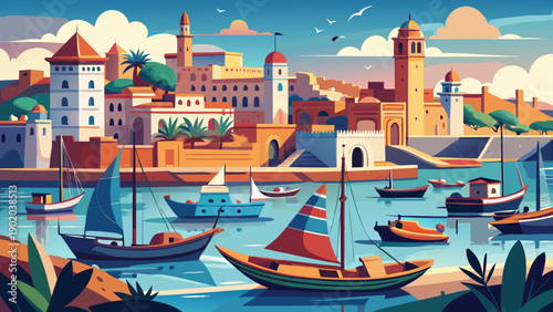 Very beautiful view of Rabat harbour showcasing calm waters, traditional boats, urban skyline, and the balanced blend of maritime life and Moroccan capital city charm.