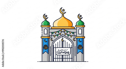 Islamic mosque gate with golden dome and crescent moon arabic calligraphy on entrance